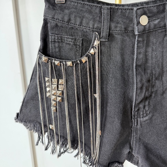 Black Fringe Studded Denim Shorts – Size S - Picture 3 of 6